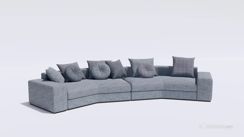 Gray Curved Multi Person Sofa With Various Patterned Pillows And Comfortable Design 3d model