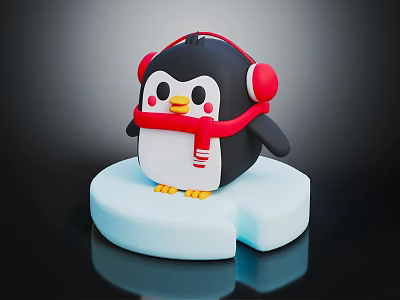 Cute Penguin Figurine Wearing Red Headphones And Red Scarf On Blue Ice Block 3d model
