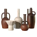 Ceramic Decorative Ornament Set With Brown White Vases Handle Bottles And Textured Design