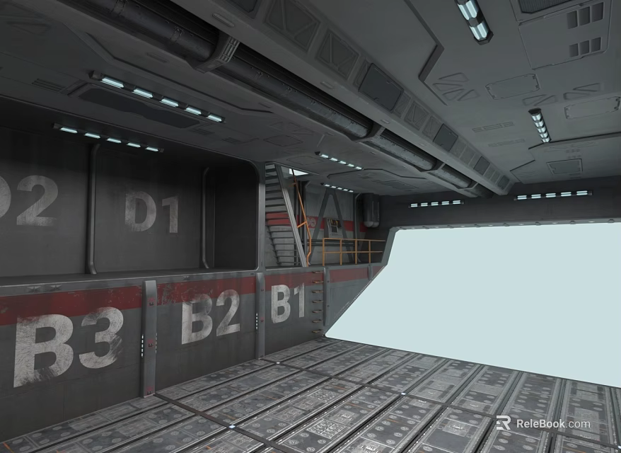 Industrial Platform Interior Featuring Numbered Signs Metal Floor And Staircase 3d model 
