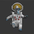 Man In White Astronaut Spacesuit With Helmet Holding Yellow Star Sitting On Dark Reflective Surface