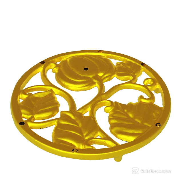 Golden Circular Decorative Ornament With Intricate Leaf And Vine Cutout Design 3d model 