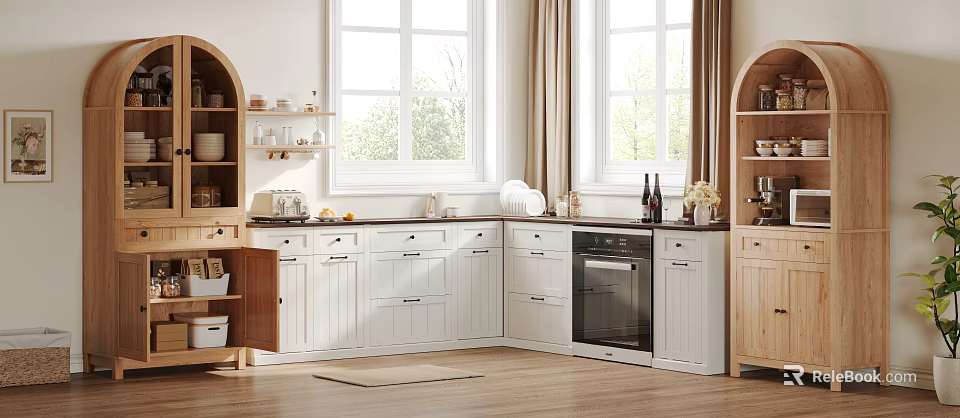 Modern Kitchen Interior Featuring White Cabinets Windows Oven And Wooden Floor 3d model 
