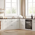 Modern Kitchen Interior Featuring White Cabinets Windows Oven And Wooden Floor