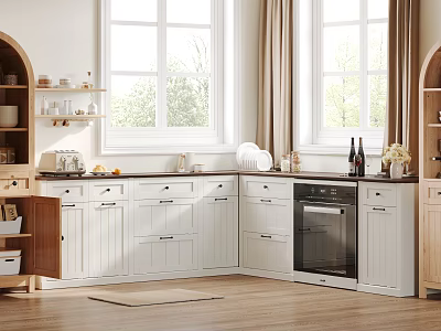 Modern Kitchen Interior Featuring White Cabinets Windows Oven And Wooden Floor 3d model