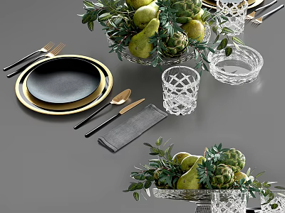 Elegant Tableware Set with Black Gold Rim Plates Utensils Clear Glass Cups Fruits and Greenery 3d model