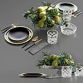 Elegant Tableware Set with Black Gold Rim Plates Utensils Clear Glass Cups Fruits and Greenery