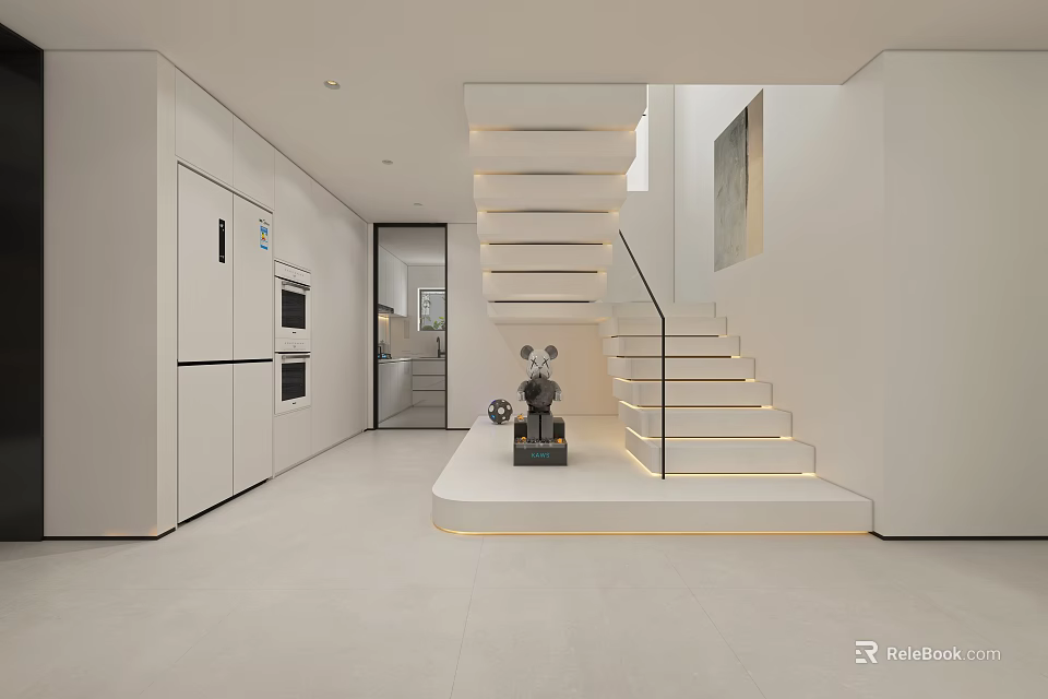 Modern White Kitchen Interior Design With Stairs Cabinets And Open Space 3d model
