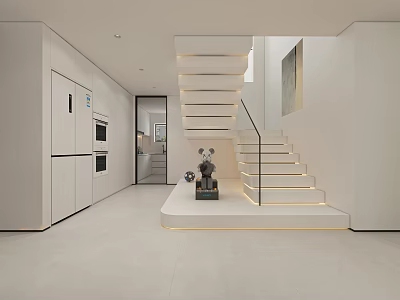 Modern White Kitchen Interior Design With Stairs Cabinets And Open Space 3d model
