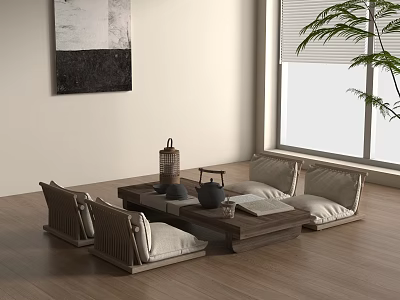 Modern Minimalist Tea Table and Chairs With Wooden Frame Cushioned Seats and Tea Sets 3d model