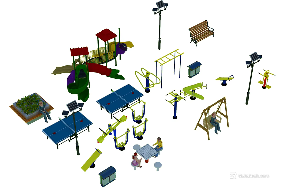 Outdoor Playground Fitness Equipment With Swings Slides Parallel Bars Benches And Children Playing 3d model 