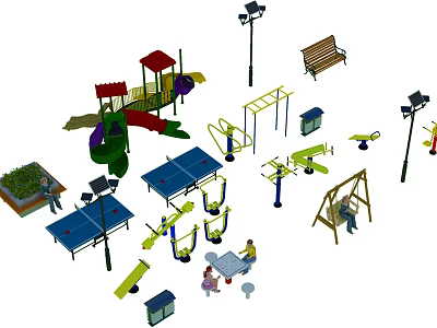 Outdoor Playground Fitness Equipment With Swings Slides Parallel Bars Benches And Children Playing 3d model
