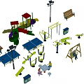 Outdoor Playground Fitness Equipment With Swings Slides Parallel Bars Benches And Children Playing