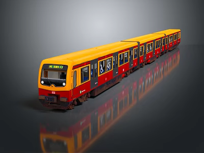 Yellow And Red Metro Train With Multiple Carriages Clear Windows And Reflective Surface 3d model