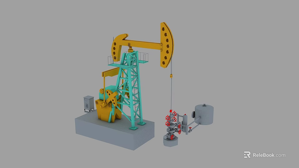 Industrial Oil Pump Jack Equipment With Yellow Green Steel Structure Base And Piping 3d model 