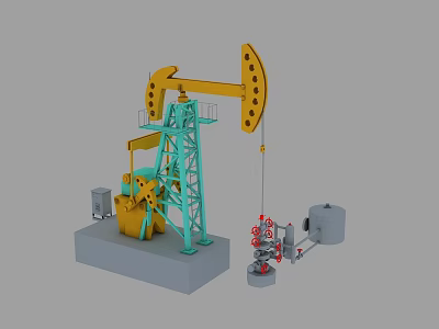 Industrial Oil Pump Jack Equipment With Yellow Green Steel Structure Base And Piping 3d model