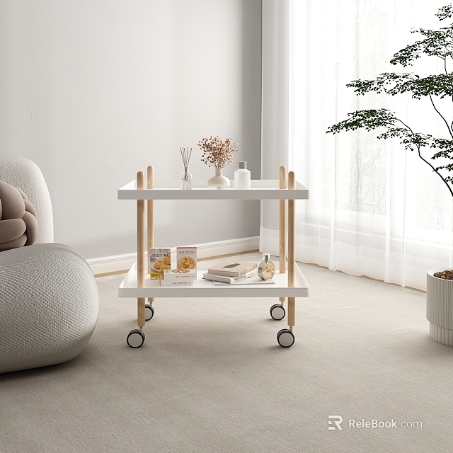 Modern Two Tiered Coffee Table With Wooden Frame Wheels And Decorations In Living Room 3d model 