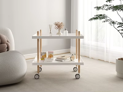 Modern Two Tiered Coffee Table With Wooden Frame Wheels And Decorations In Living Room 3d model