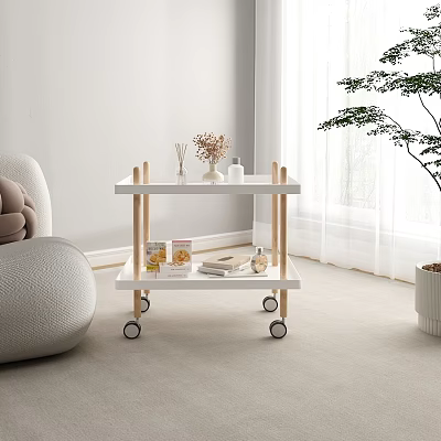 Modern Two Tiered Coffee Table With Wooden Frame Wheels And Decorations In Living Room 3d model
