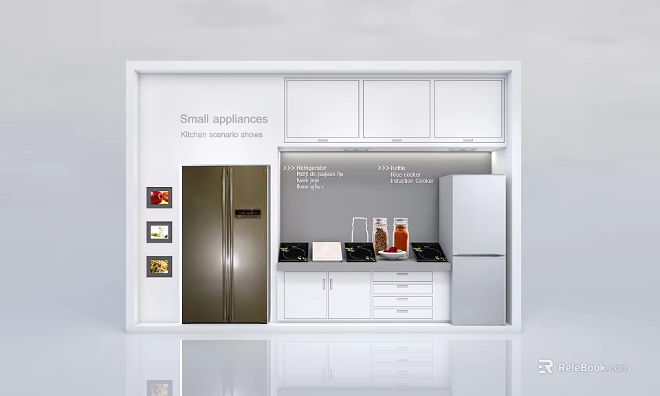 Modern Kitchen Setup Featuring Small Appliances Refrigerator Cabinets Countertop And Drawers 3d model 