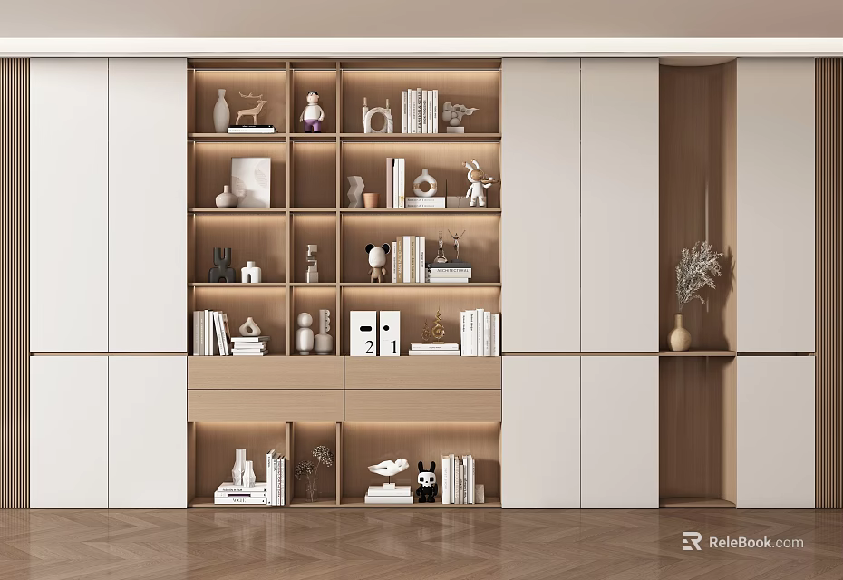 Modern Open Design Bookcase With Multiple Shelves Books Decorative Items And Wooden White Cabinets 3d model 