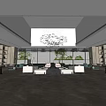 Modern Lounge Area with Large Windows Green Plants Beige Sofas Armchairs And Fish Shaped Chandelier