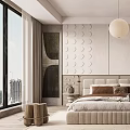 Modern Bedroom With Circular Pattern Headboard Wall Large Bed And Pendant Light 3d model