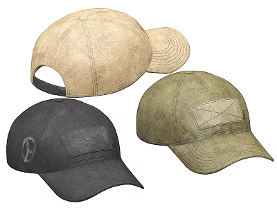 Three Fashionable Baseball Caps In Black Beige Green With Adjustable Back Design 3d model