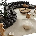 Black Curved Sofa And Round Wooden Coffee Table Set With Plants Stool Lamp And Decor