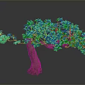 Lush Green Tree With Red Fruits Thick Trunk Exposed Roots On Gray Background