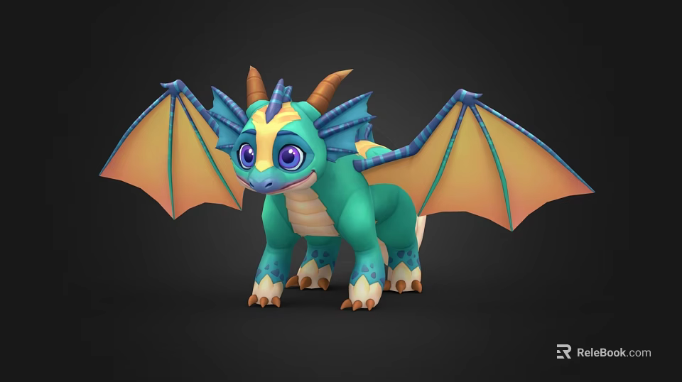 Cute Fantasy Flying Dragon with Teal Body Blue Horns and Orange Wings 3d model 