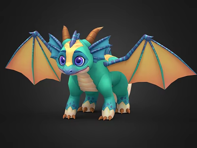 Cute Fantasy Flying Dragon with Teal Body Blue Horns and Orange Wings 3d model