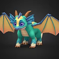 Cute Fantasy Flying Dragon with Teal Body Blue Horns and Orange Wings