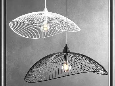 Black And White Fan Shaped Metal Frame Chandeliers With Transparent Bulbs On Grey Background Wall 3d model