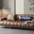 Brown Leather Multi person Sofa with Patterned Cushions Gray Throw Blanket and Perforated Wall Background 3d model