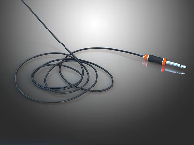 Black Coiled Cable With Orange And Silver Plug On Gray Background 3d model