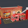 Red Fire Truck and Fire Station Scene With Firefighter Figures and Garage