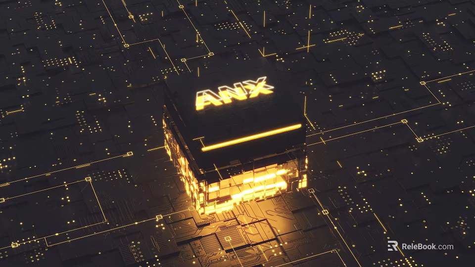 ANX Logo On Glowing Golden Cube Over Circuit Board Tech Background 3d model 