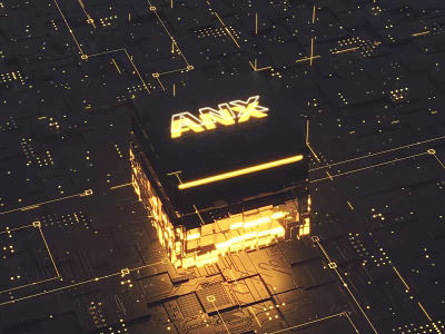 ANX Logo On Glowing Golden Cube Over Circuit Board Tech Background 3d model