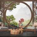 Leisure Sofa Set With Circular Window Mountain View Wooden Carved Coffee Table And Red Flowers