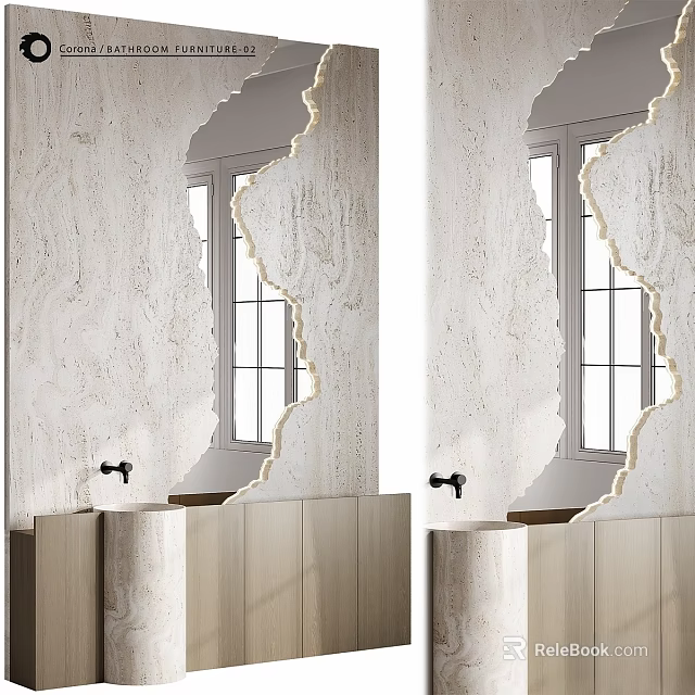Elegant Bathroom Vanity With Double Mirrors Wooden Cabinets Black Faucets And Marble Walls 3d model 