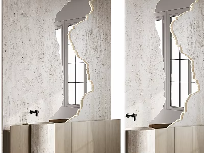 Elegant Bathroom Vanity With Double Mirrors Wooden Cabinets Black Faucets And Marble Walls 3d model