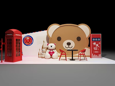 Brown Bear Head Themed Scene With Red Telephone Booth White Bear Table And Chairs 3d model