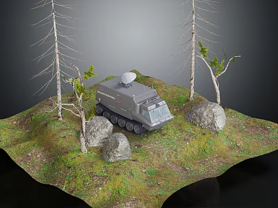 Military Vehicle in Grassland Terrain with Satellite Antenna Surrounded by Trees and Rocks 3d model