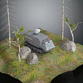 Military Vehicle in Grassland Terrain with Satellite Antenna Surrounded by Trees and Rocks