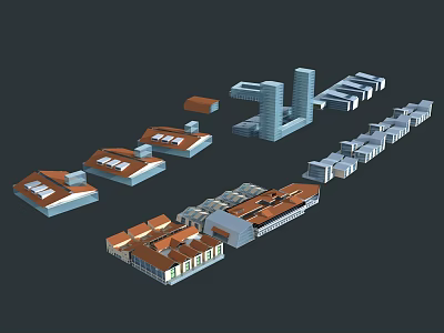Various Architectural Building Models With Red Gray Roofs And Urban Design Elements 3d model
