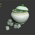 White Decorative Jar With Gold Trim Lid And Gray Cubes For Home Use