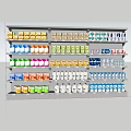 Shopping Mall Counter Displaying Various Dairy Products on Shelves with Colorful Packages