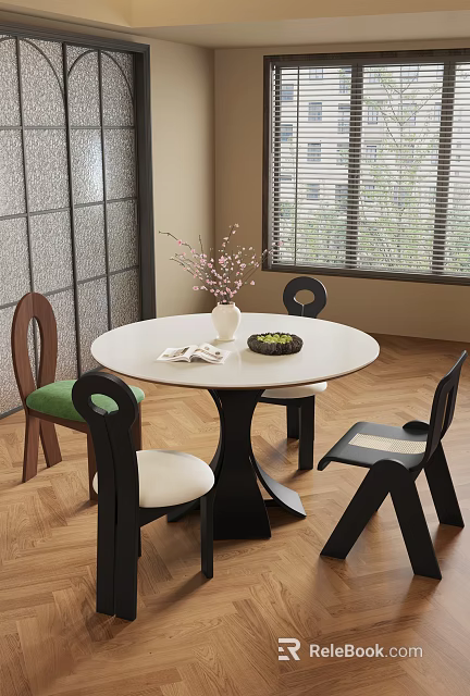Round White Dining Table Set with Mixed Design Chairs Green White Cushions Vase and Book 3d model 