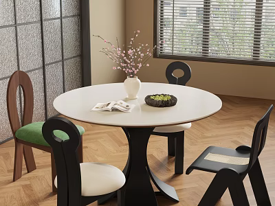 Round White Dining Table Set with Mixed Design Chairs Green White Cushions Vase and Book 3d model